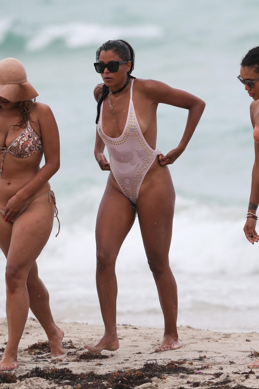 Claudia Jordan was pictured as she had a swimsuit malfunction, exposing her...