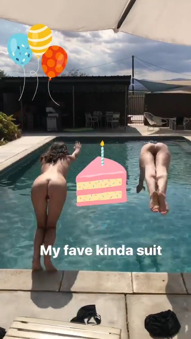 Carly Foulkes and her friend naked are jumping in the pool. 