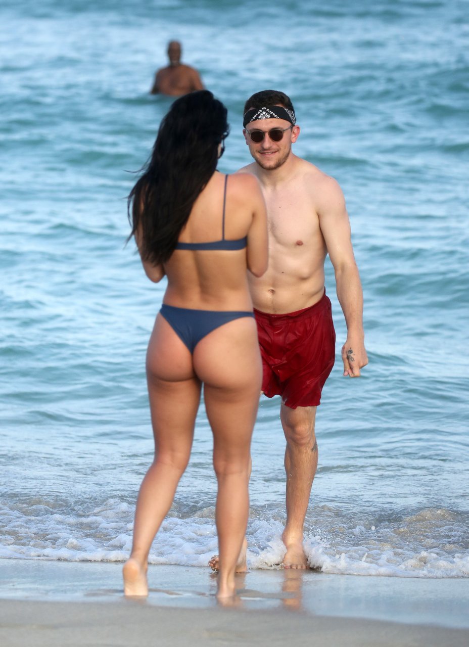 Johnny Manziel and bikini-clad fiance model Bre Tiesi show off their beach ...