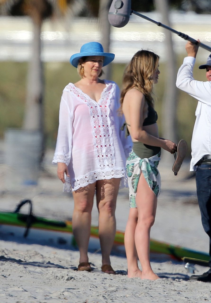 Actress Melissa Roxburgh wears a green bikini as she shoots a scene for the...