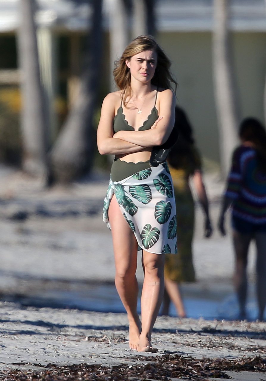 Actress Melissa Roxburgh wears a green bikini as she shoots a scene for the...
