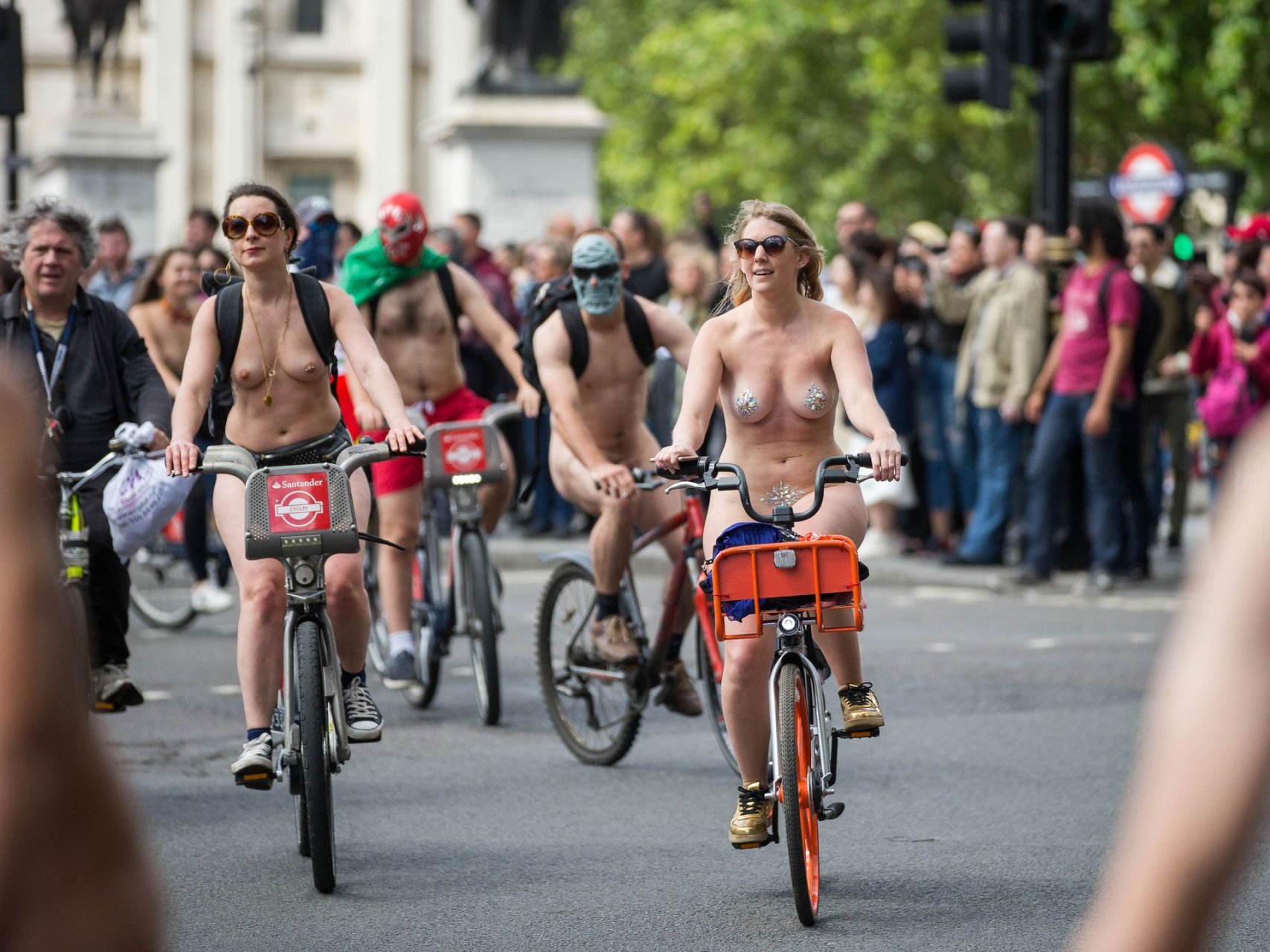 Nude cyclists take part in the 16th annual naked bike ride by riding bicycl...
