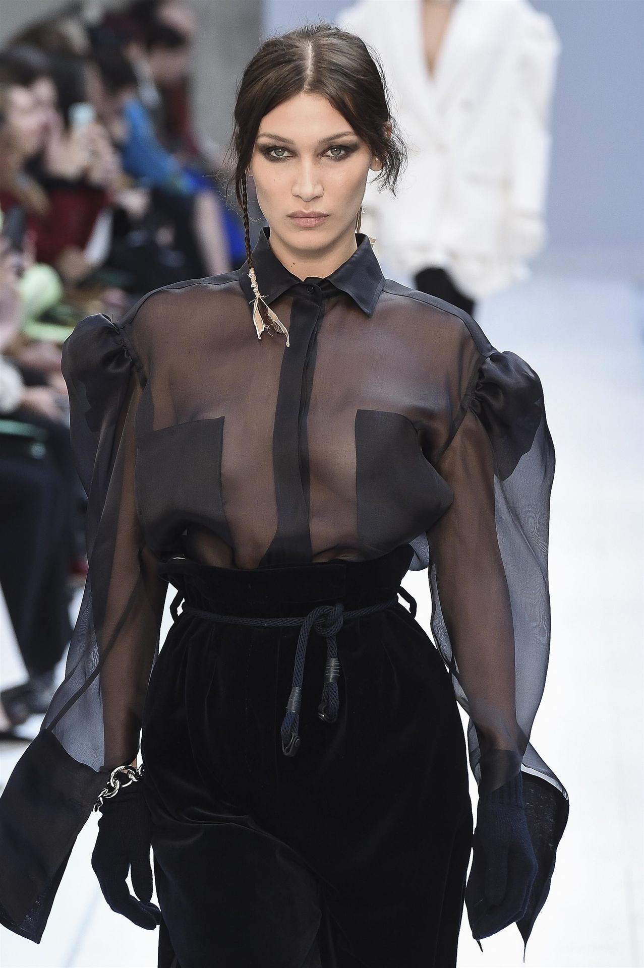 Model Bella Hadid walks the runway braless during the Max Mara fashion show...