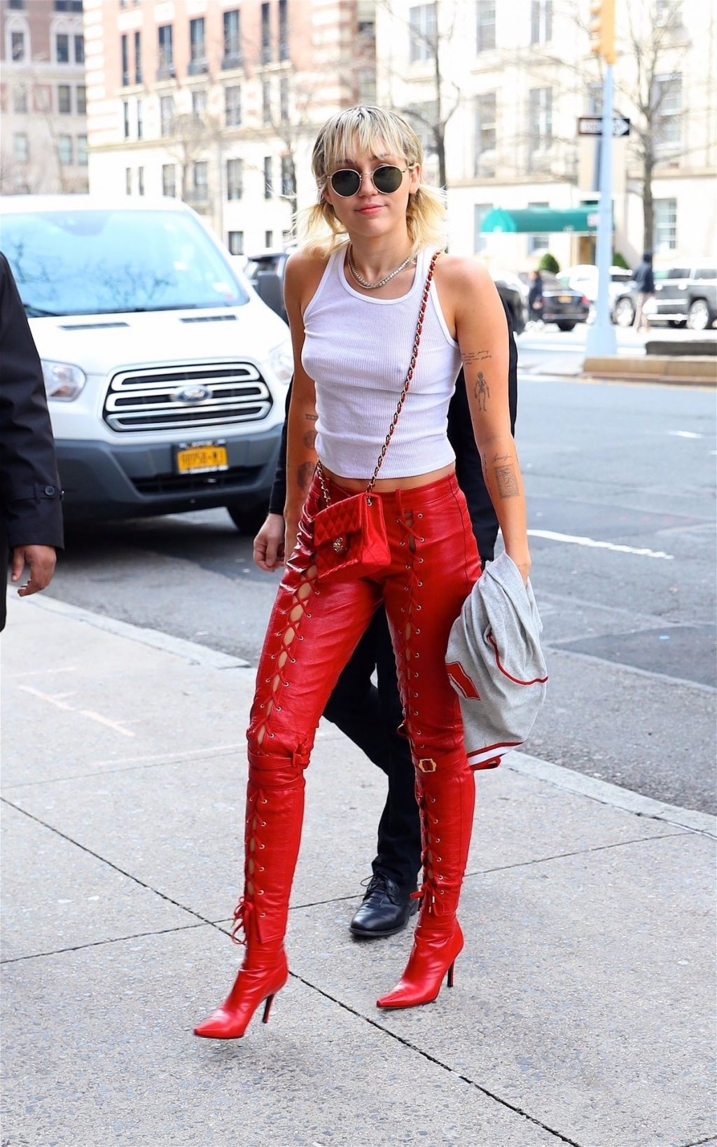 Braless Miley Cyrus is Red Hot in Leather Lace Up Biker Pants with a Tank Top (60 Photos)