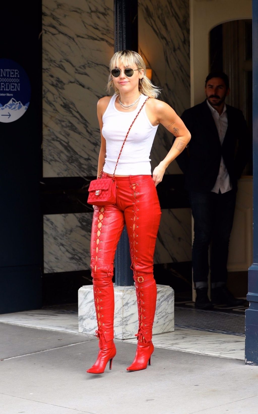 Braless Miley Cyrus is Red Hot in Leather Lace Up Biker Pants with a Tank Top (60 Photos)
