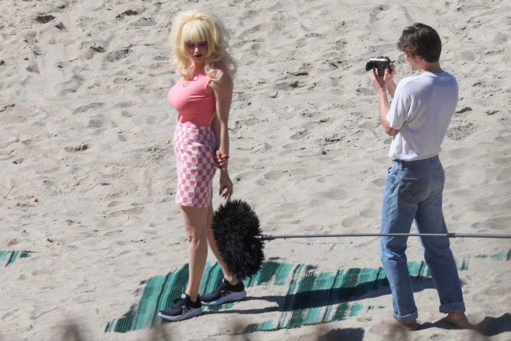 Emmy Rossum Films Scenes as the Iconic Angelyne on the Beach in Malibu (60 Photos)