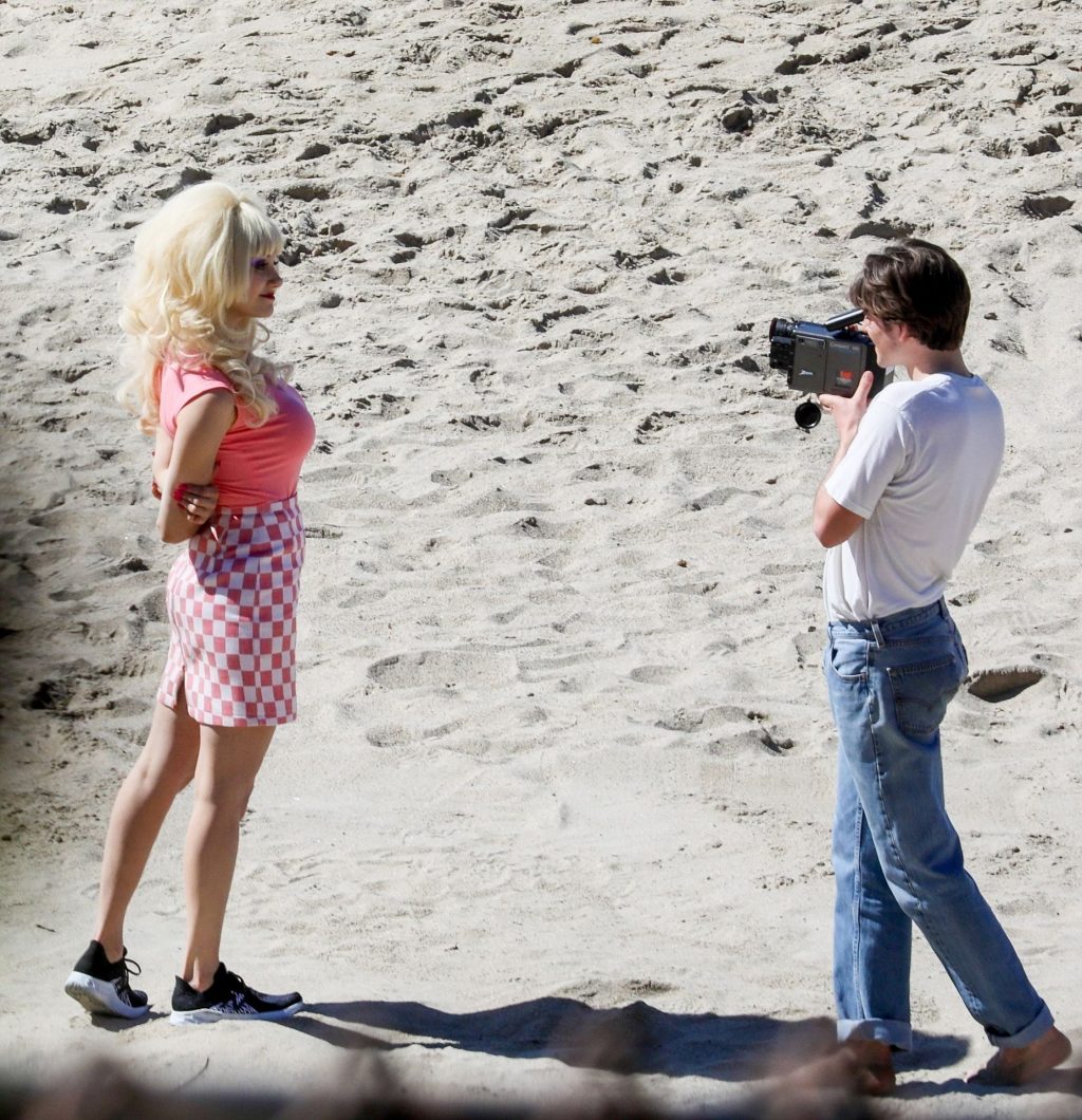 Emmy Rossum Films Scenes as the Iconic Angelyne on the Beach in Malibu (60 Photos)