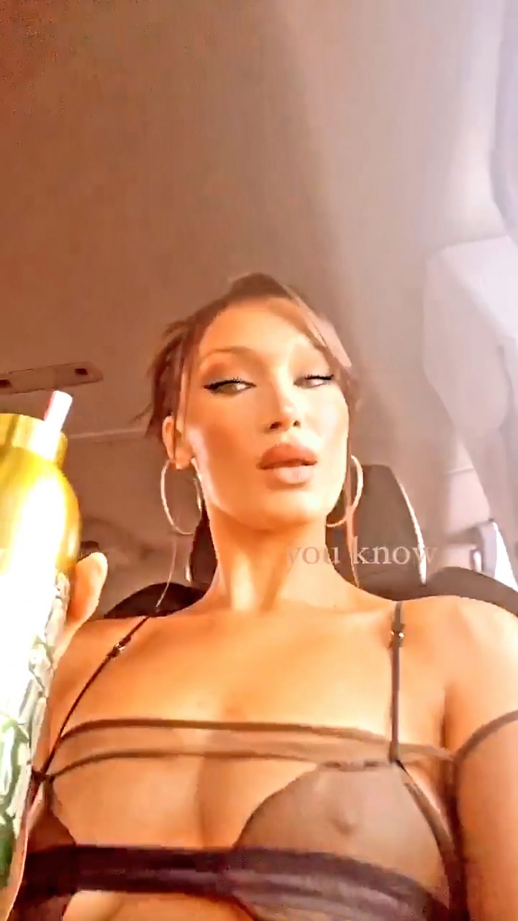 Bella Hadid Shows Off Her Tits in a Car (5 Pics + GIF &amp; Video)
