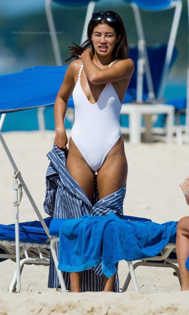 Montana Brown Dons Her Sexy White Swimsuit On The Golden Sandy Beaches Of Barbados 32 Photos