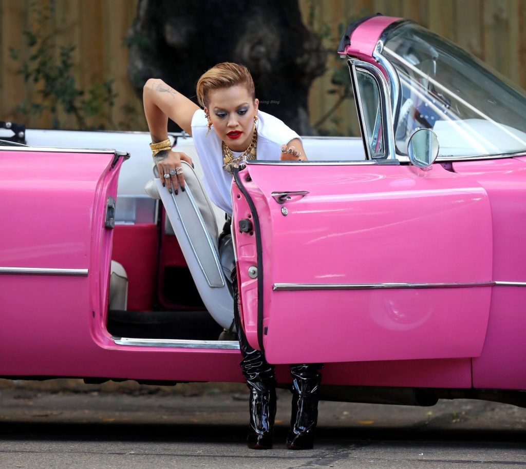 Rita Ora Wears Skin Tight Leather Pants as She Poses in a Bright Pink Vintage Car (79 Photos)