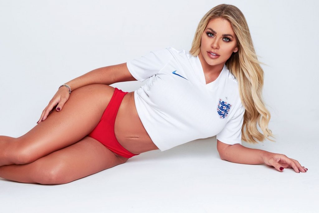 Bianca Gascoigne Shows Off Her Amazing Figure in an England Top and Red Bikini Bottoms (8 Photos)
