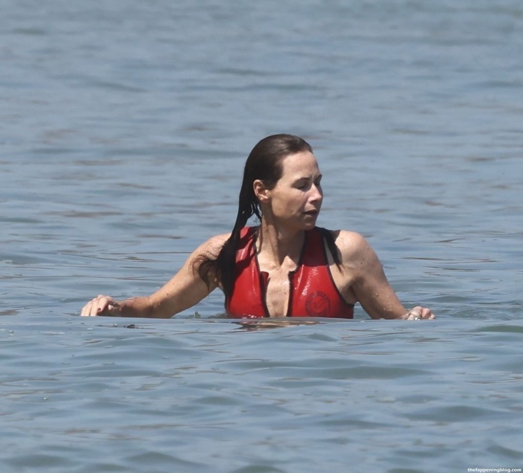 Minnie Driver Wears a Red One-Piece For a Dip in the Ocean on a Hot Day in Malibu (51 Photos)