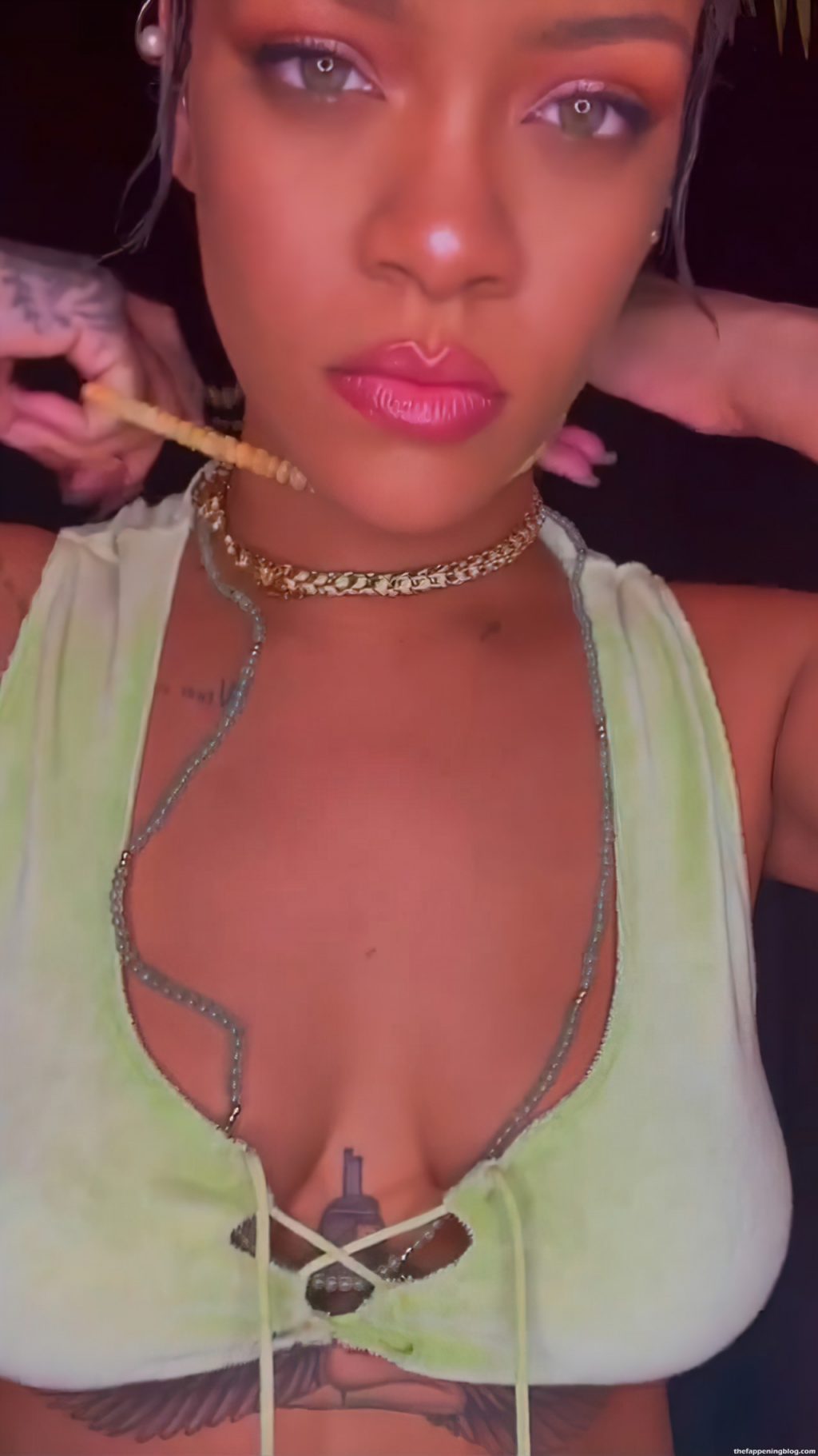 Rihanna Displays Her Tits and Butt in Green Lingerie (14 Pics + GIFs &amp; Video)