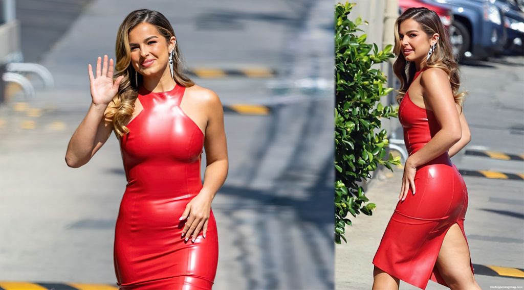Addison Rae Arrives in a Red Dress at Jimmy Kimmel Live (17 Photos + Video)