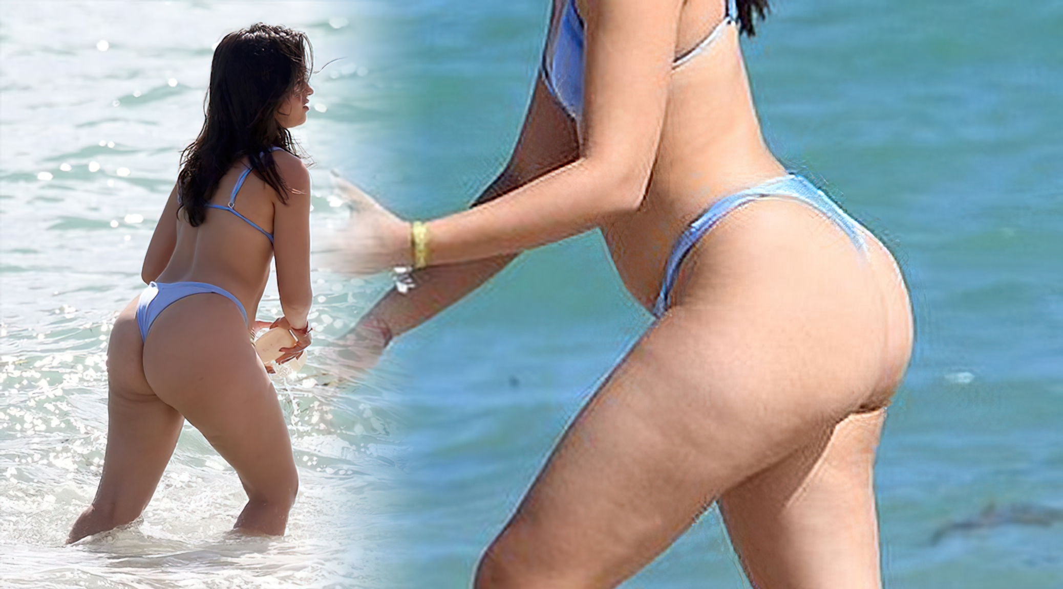 Singer Camila Cabello wearing a light blue bikini and boyfriend Shawn Mende...