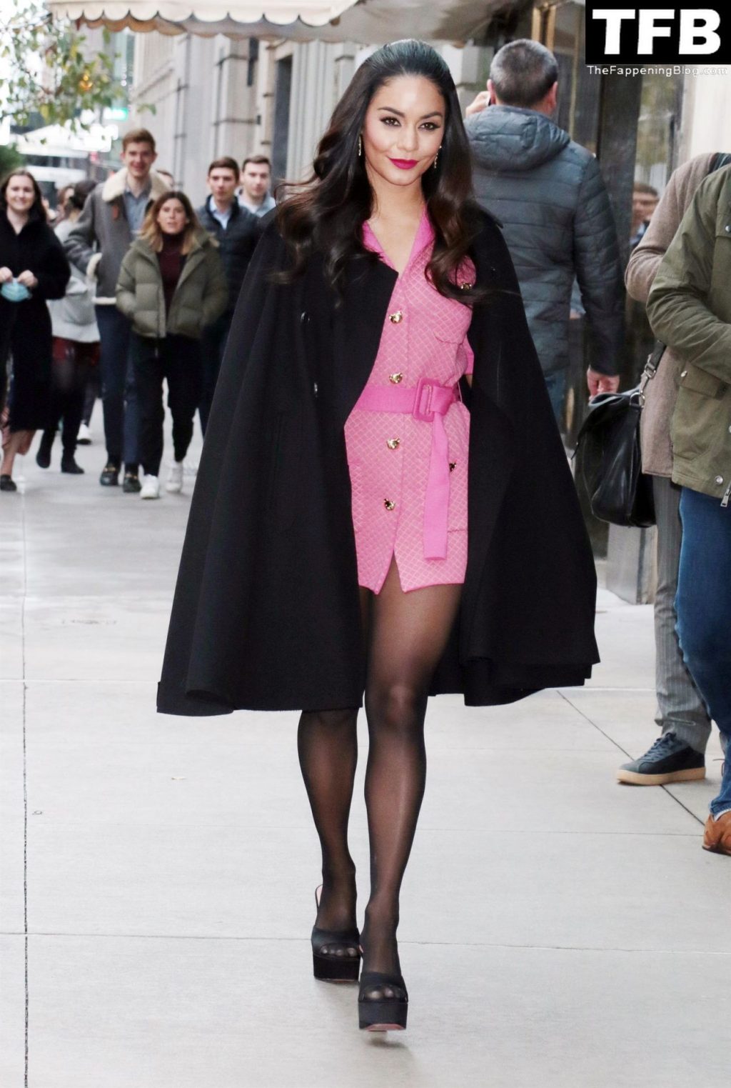 Vanessa Hudgens is Spotted in a Pink Romper and Valentino Cape Coat at The View in NYC (17 Photos)