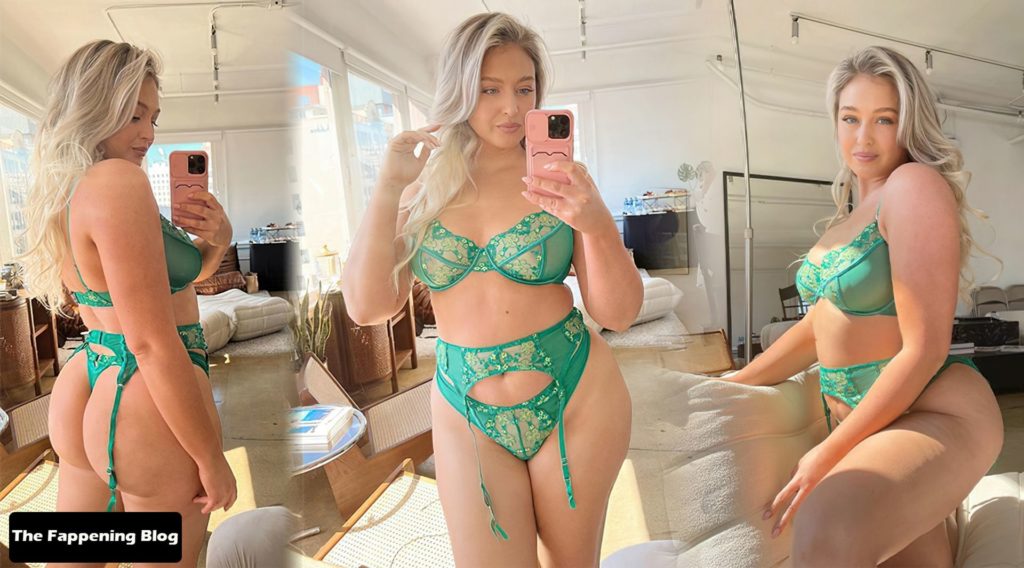 Iskra Lawrence Displays Her Natural Breasts &amp; Butt in Green Thong Lingerie (8 Photos)