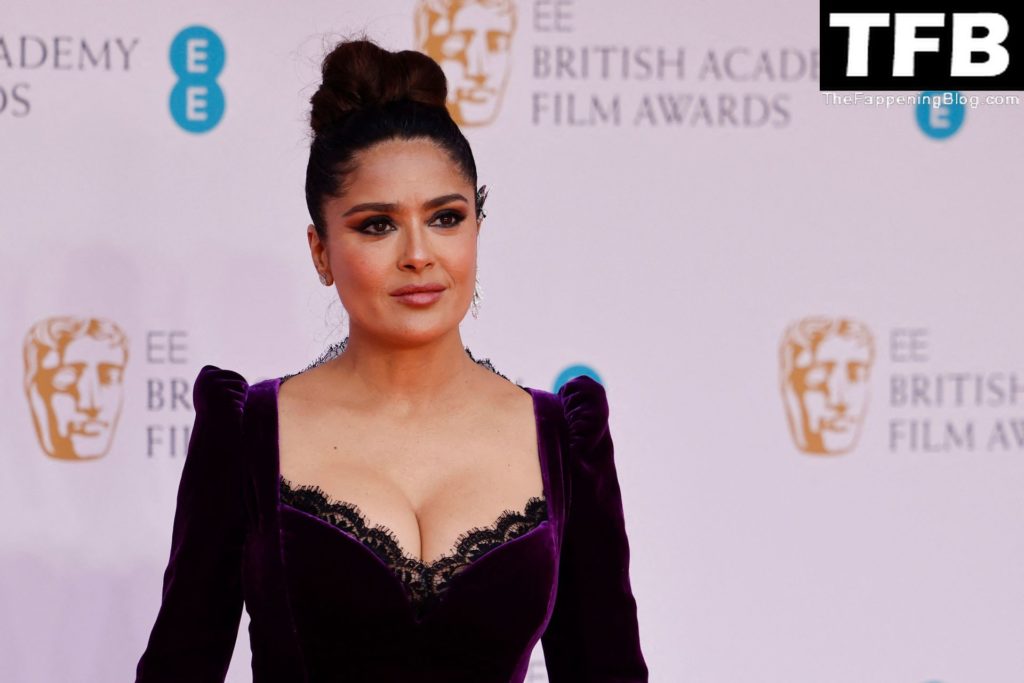 Salma Hayek Flaunts Her Sexy Big Boobs at the EE 75th British Academy Film Awards in London (12 Photos)